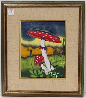 KOSTANTIN SZONK-RUSYCH (UKRAINE 1915-1983), ENAMEL ON: KOSTANTIN SZONK-RUSYCH (UKRAINE 1915-1983), ENAMEL ON COPPER, TOADSTOOLS, SIGNED. 10 X 8"; FRAMED 16 X 14"