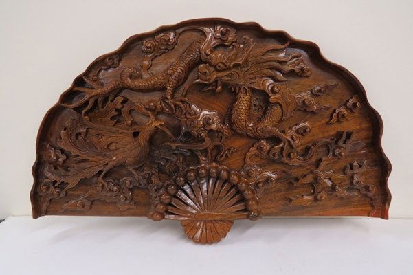 CHINESE CARVED ROSEWOOD DRAGON PANEL. 13 X 21" (1 of 3)