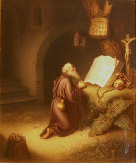 KPM HAND PAINTED PORCELAIN PLAQUE: KPM HAND PAINTED PORCELAIN PLAQUE, ST. JEROME IN HIS STUDY, SIGNED F. SCHMIDT. HEIGHT 15 1/4 X 13 1/2"; FRAMED-OVERALL 23 X 21"