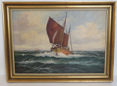 AMERICAN SCHOOL (20TH CENTURY), OIL ON CANVAS, SAIL: AMERICAN SCHOOL (20TH CENTURY), OIL ON CANVAS, SAIL BOAT/SHIPS AT SEA, SIGNED A. CABALI. 16 X 23"; FRAMED 19 1/2 X 26 1/2"