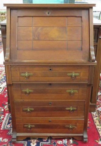 VICTORIAN CARVED WALNUT DROP-FRONT DESK, 19TH CENTURY. (1 of 2)