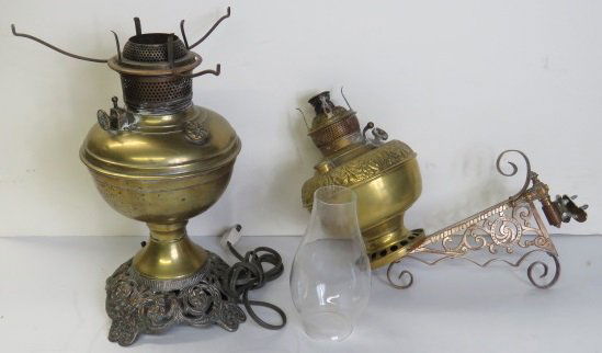 LOT (2) ANTIQUE BRASS OIL LAMPS, 1/ELECTRIFIED (1 of 1)