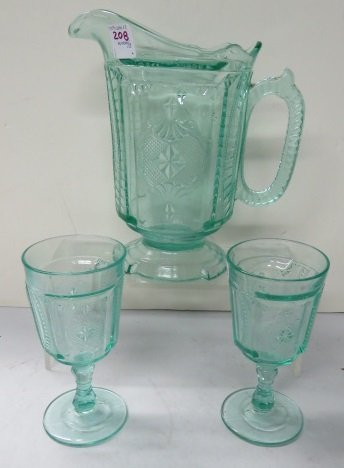 EARLY AMERICAN GREEN PATTERN GLASS PITCHER AND (2) (1 of 1)