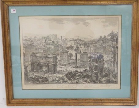 AFTER GIOVANNI BATTISTA PIRANESI (ITALIAN 1720-1778),: AFTER GIOVANNI BATTISTA PIRANESI (ITALIAN 1720-1778), ENGRAVING, "VEDUTA DI CAMPO VACCINO". SIGHT 17 X 23";
