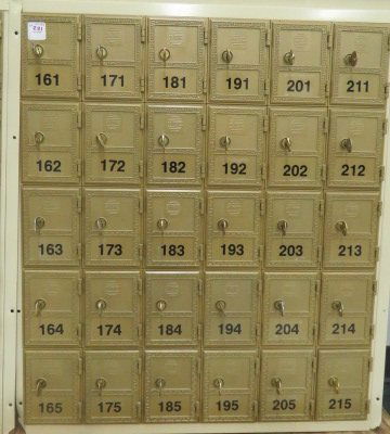 A SECTION OF 5 X 3 1/2" POST OFFICE BOXES. HEIGHT 27"; (1 of 2)
