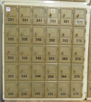 A SECTION OF 5 X 3 1/2" POST OFFICE BOXES. HEIGHT 27"; (1 of 2)