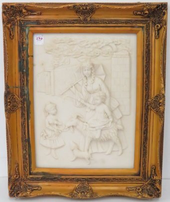 CAST STONE RELIEF PANEL, CHILD ON A GOAT. FRAMED 21 X: CAST STONE RELIEF PANEL, CHILD ON A GOAT. FRAMED 21 X 17"
