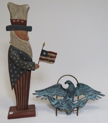 LOT (2) CARVED UNCLE SAM, HEIGHT 36"; IRON EAGLE, WIDTH (1 of 1)