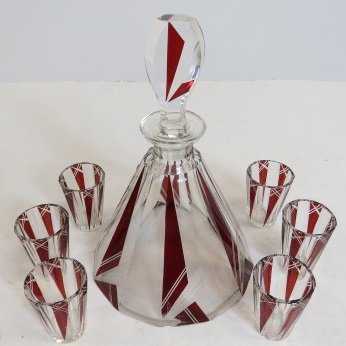 SET (7) ART DECO BOHEMIAN CRYSTAL RED DECANTER AND (6) (1 of 1)