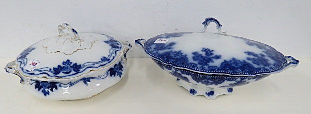 LOT (2) VINTAGE FLOW BLUE COVERED SERVING DISHES. ONE (1 of 3)
