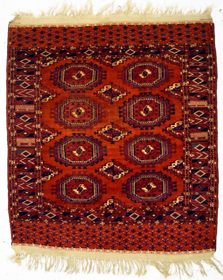 FINE ANTIQUE TEKKE TURKOMAN RUG WITH SALOR TURRET GULS. (1 of 6)