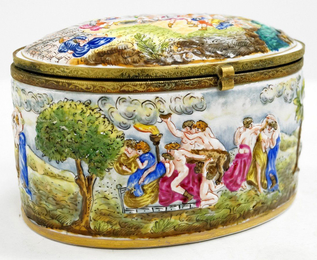 CAPO DI MONTE PORCELAIN OVAL JEWELRY BOX. HEIGHT 3 1/2"; (1 of 3)