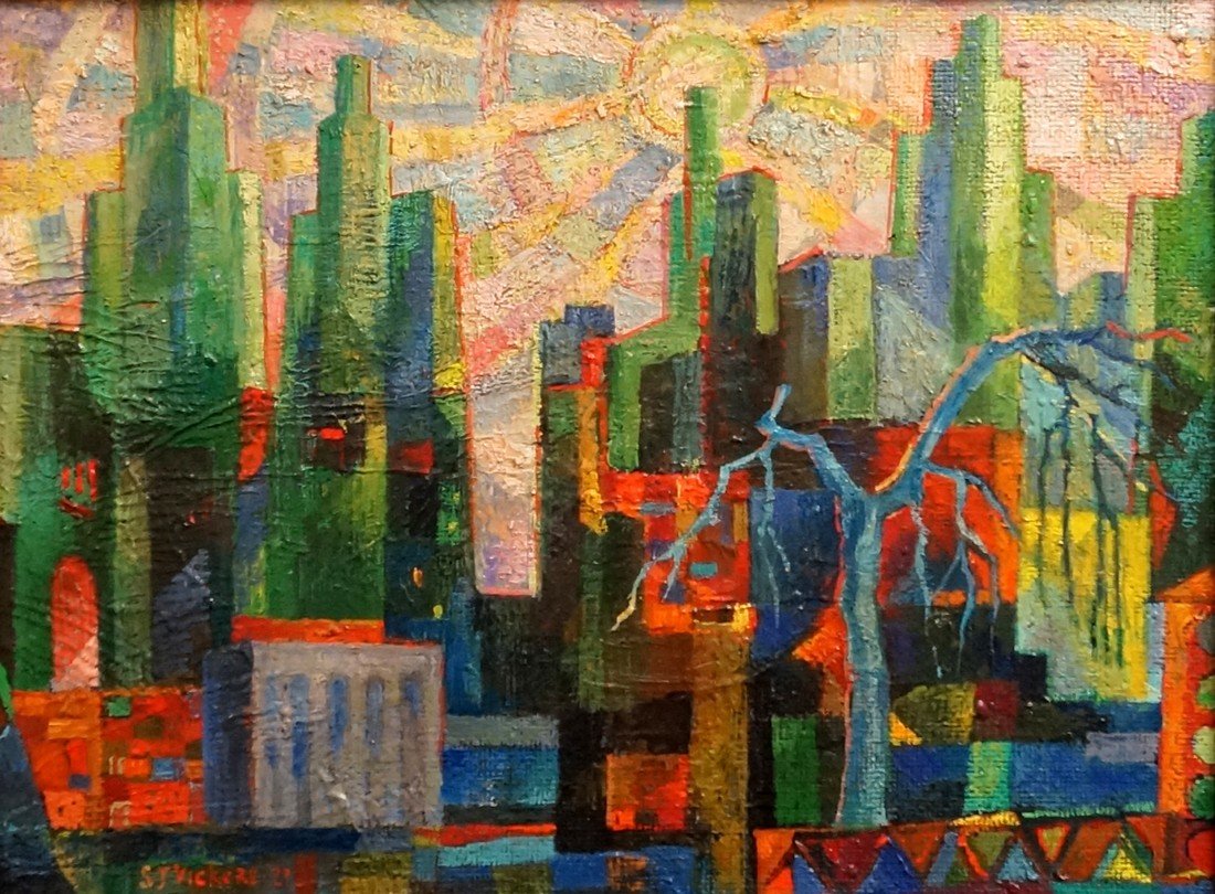SQUIRE JOSEPH VICKERS (AMERICAN/NY 1872-1947) OIL ON: SQUIRE JOSEPH VICKERS (AMERICAN/NY 1872-1947) OIL ON MASONITE, NEW YORK SKYLINE, SIGNED, 1921. 12 X 16"; FRAMED 20 1/2 X 24 1/2"