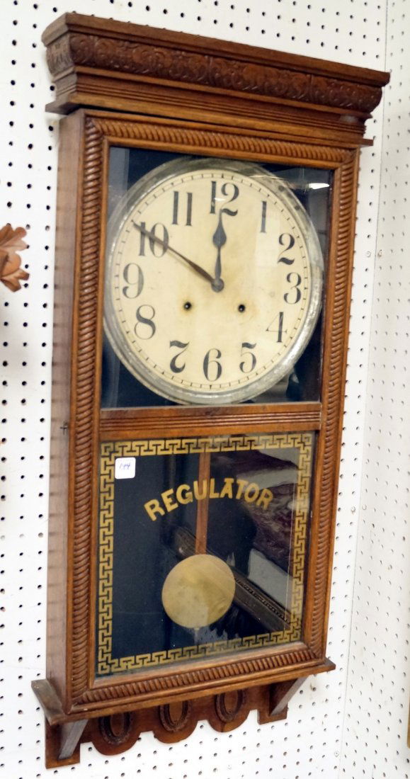 INGRAHAM PRESS/CARVED OAK REGULATOR WALL CLOCK, C.1908. (1 of 1)