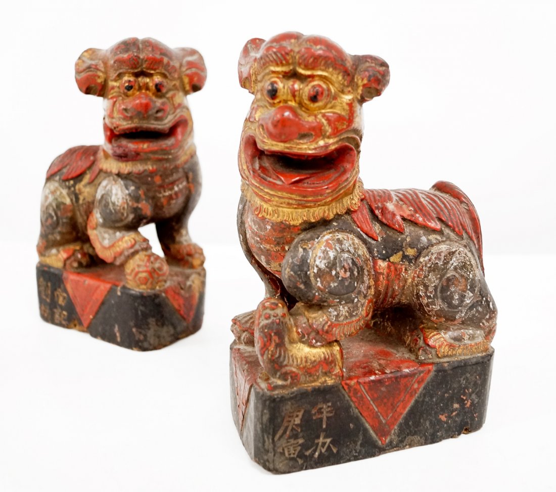 PAIR CHINESE CARVED WOOD JOSS STICK HOLDERS, 19TH (1 of 2)