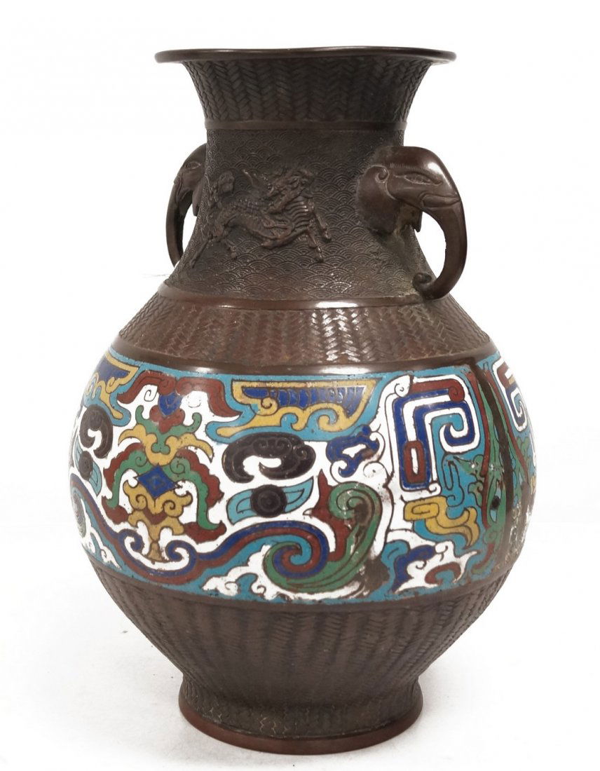 CHINESE BRONZE AND ENAMEL VASE WITH ELEPHANT HANDLES, (1 of 4)
