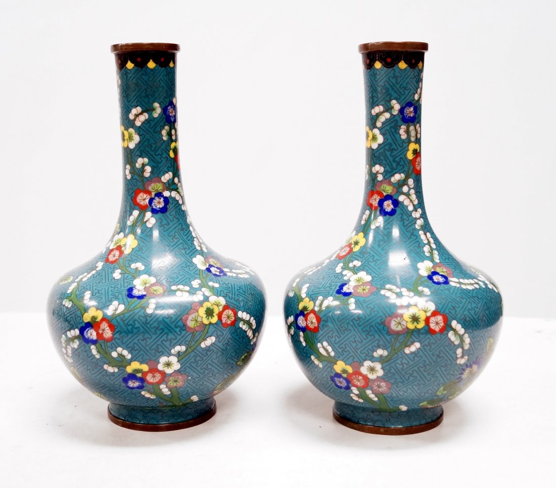 PAIR CHINESE CLOISONNE VASES, SIGNED. HEIGHT 10 3/4" (1 of 2)