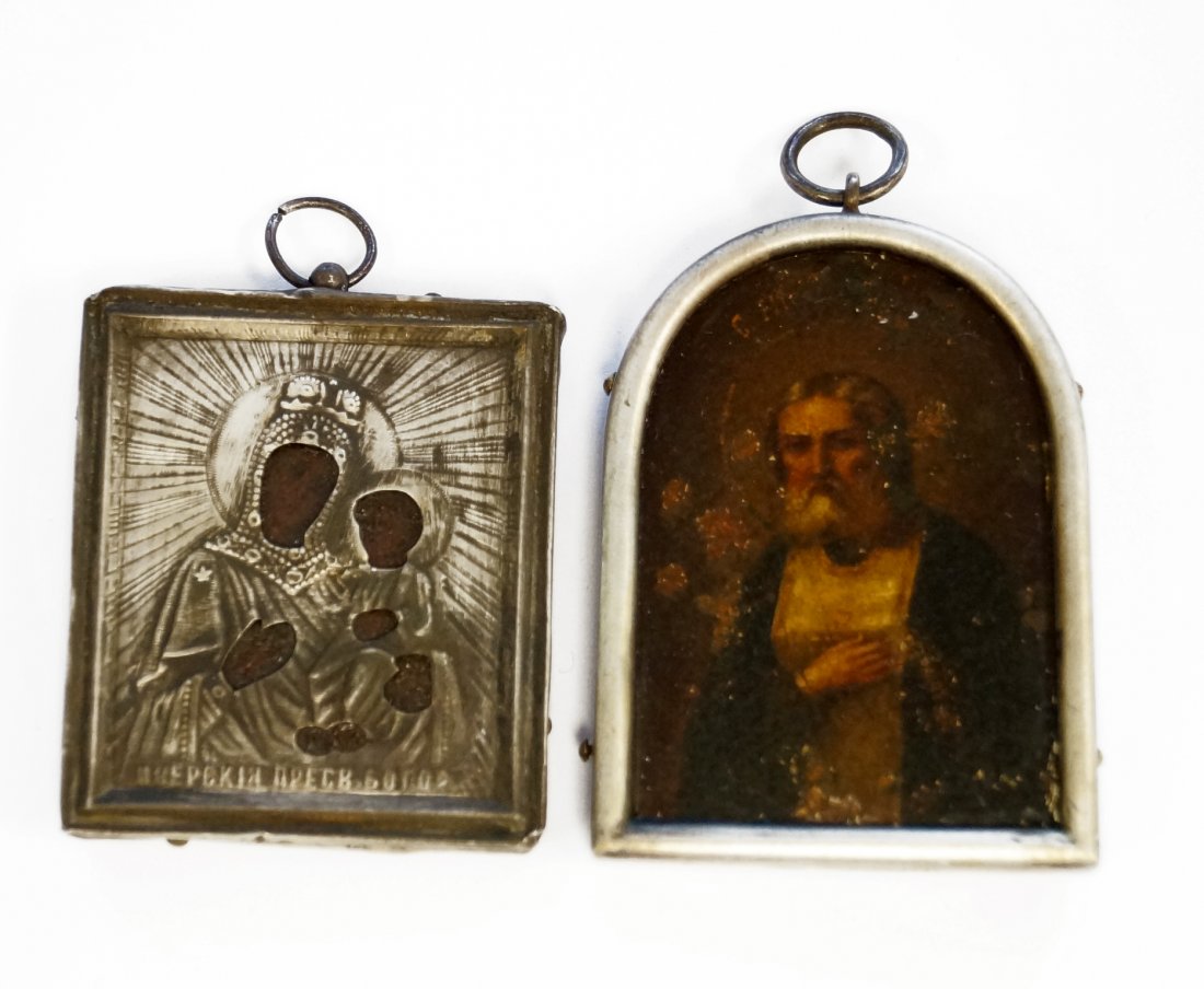 LOT (2) RUSSIAN TRAVELING ICONS WITH SILVER FRAMES, (1 of 3)