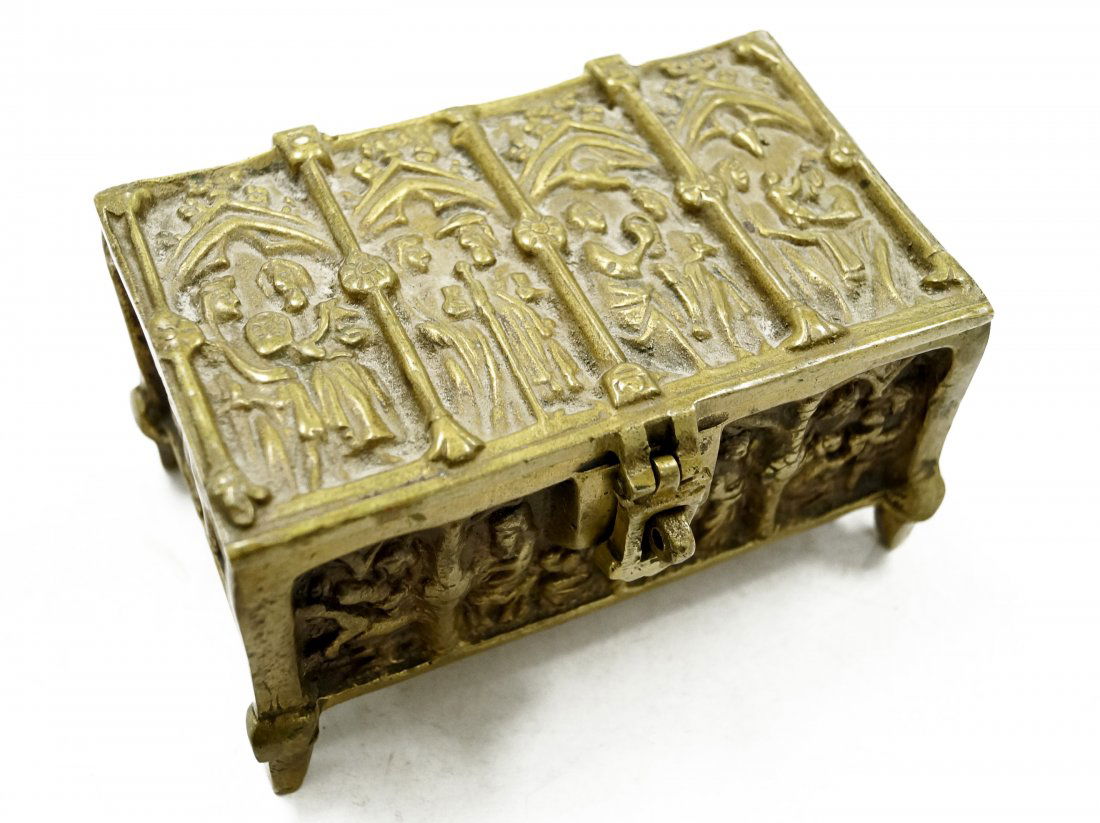RENAISSANCE STYLE BRASS JEWELRY CASKET. HEIGHT 3"; (1 of 1)