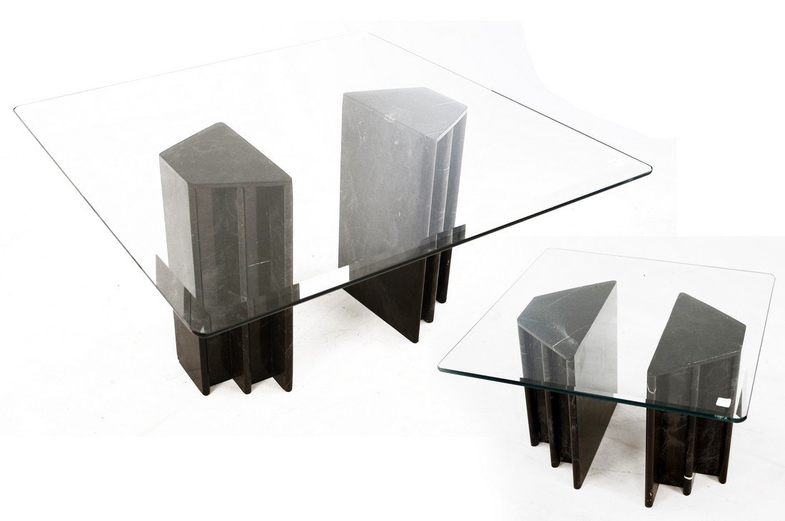 LOT (2) MODERN DESIGN MARBLE AND BEVELED GLASS TABLES. (1 of 1)