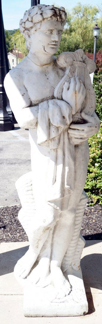 CAST STONE GARDEN FIGURE, CLASSICAL MAN WITH HARP. (1 of 1)