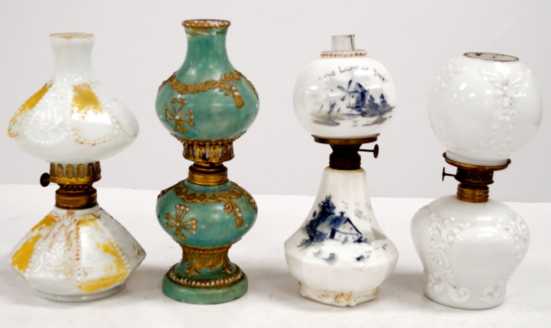 LOT (4) VICTORIAN MINIATURE MILK GLASS OIL LAMPS. (1 of 1)