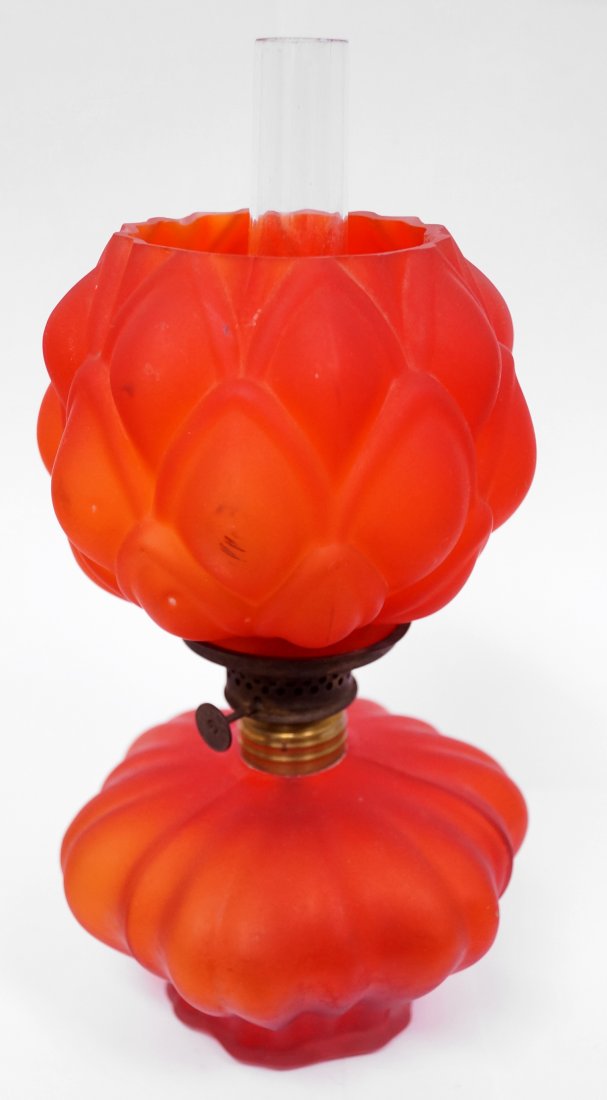 VICTORIAN MINIATURE ARTICHOKE RUBY SATIN GLASS OIL LAMP (1 of 1)