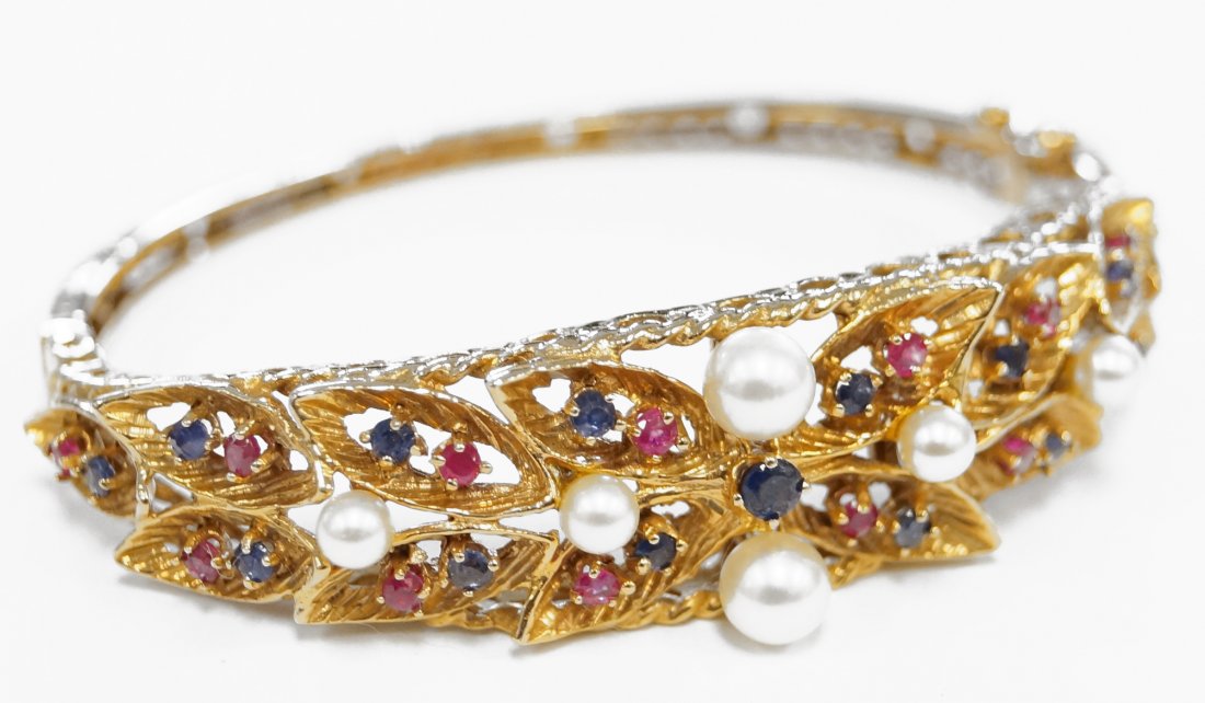 14K YELLOW GOLD MULTI-GEMSTONE HINGED BRACELET, SIGNED (1 of 3)