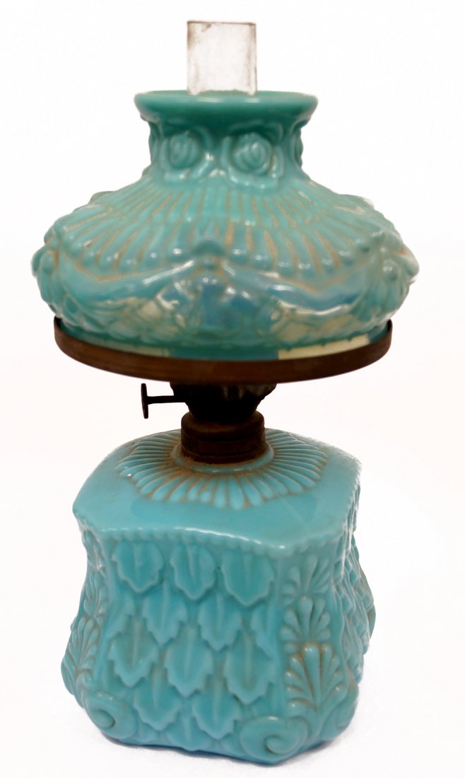 VICTORIAN MINIATURE BLUE OPALINE GLASS OIL LAMP WITH (1 of 1)