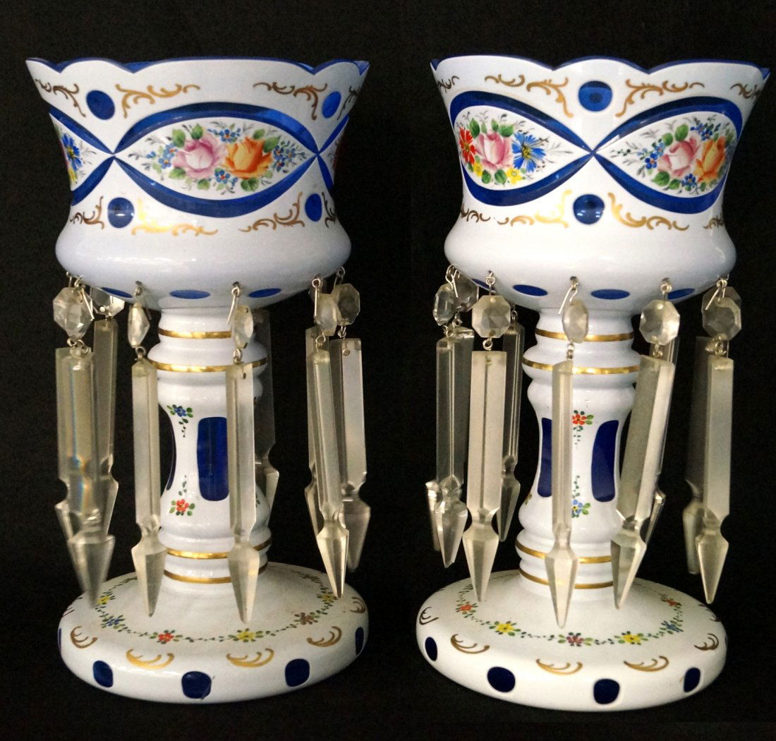 PAIR BOHEMIAN WHITE CUT TO BLUE ENAMELED LUSTERS. (1 of 2)