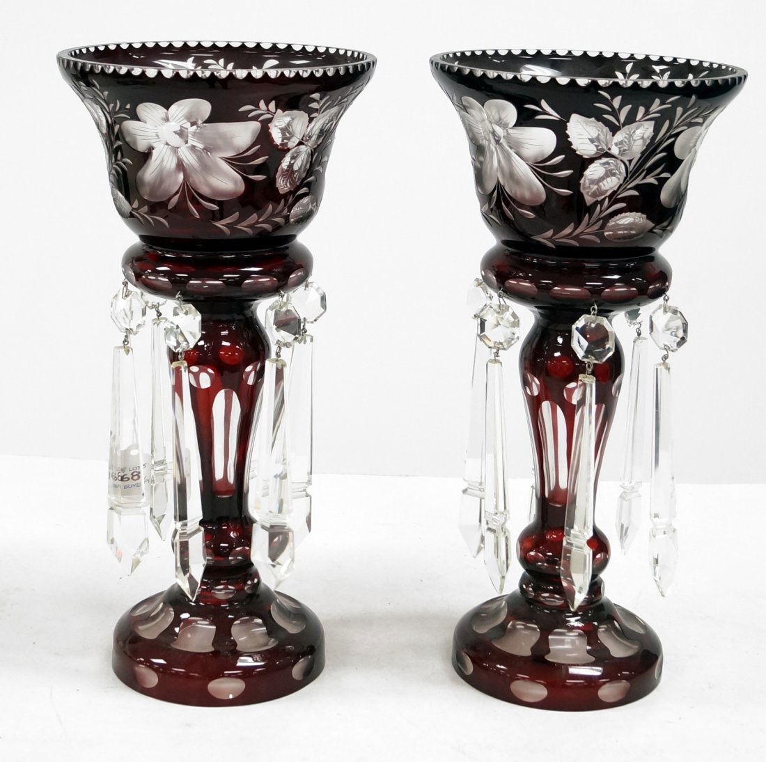 PAIR BOHEMIAN RUBY CUT TO CLEAR LUSTERS. HEIGHT 15 1/2" (1 of 2)