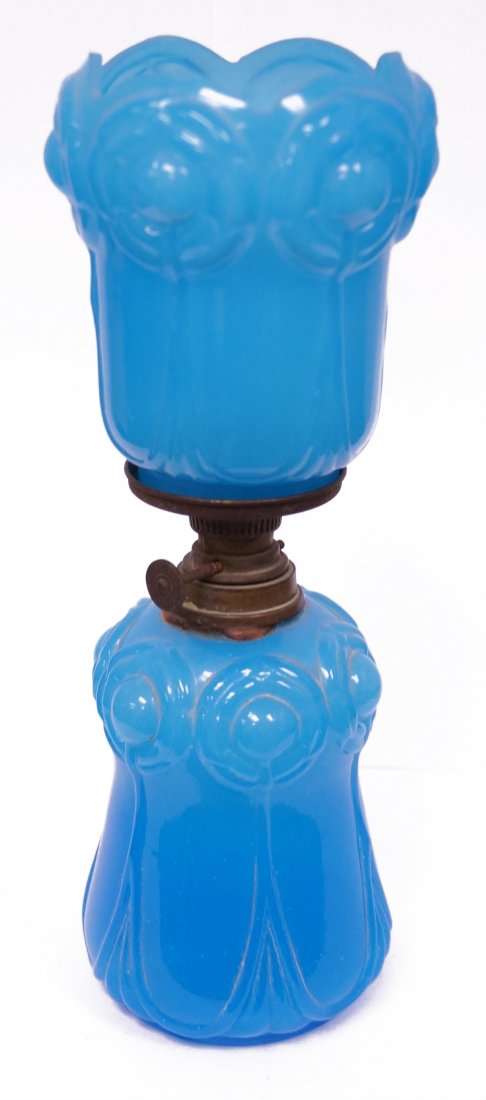 VICTORIAN MINIATURE BLUE OPALINE GLASS OIL LAMP WITH (1 of 1)