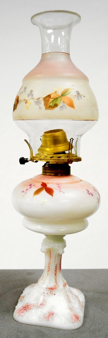 VICTORIAN DECORATED MILK GLASS OIL LAMP WITH DECORATED (1 of 1)