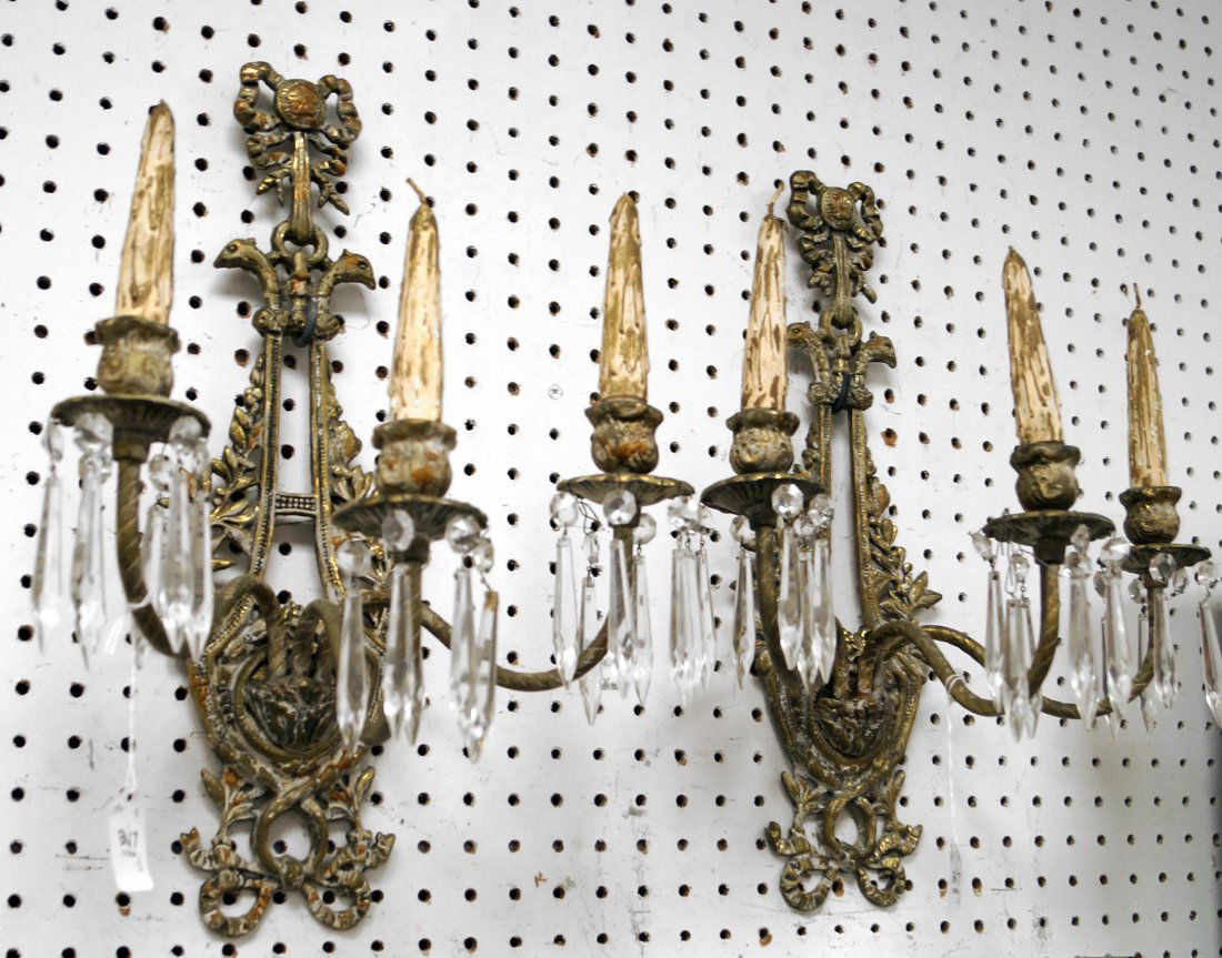 PAIR PATINATED BRASS AND CRYSTAL WALL SCONCES WITH (1 of 3)