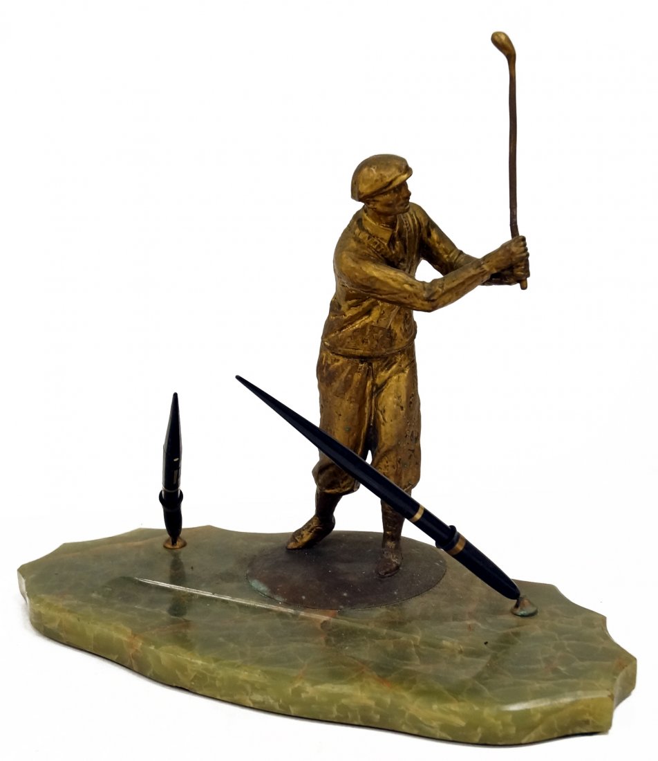 GILT METAL GOLFER DESK PEN HOLDER/TRAY ON ALABASTER (1 of 1)