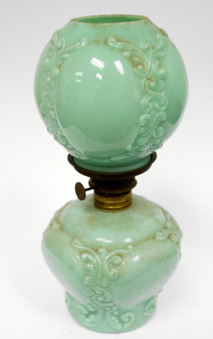 VICTORIAN MINIATURE GREEN OPALINE GLASS OIL LAMP WITH (1 of 1)