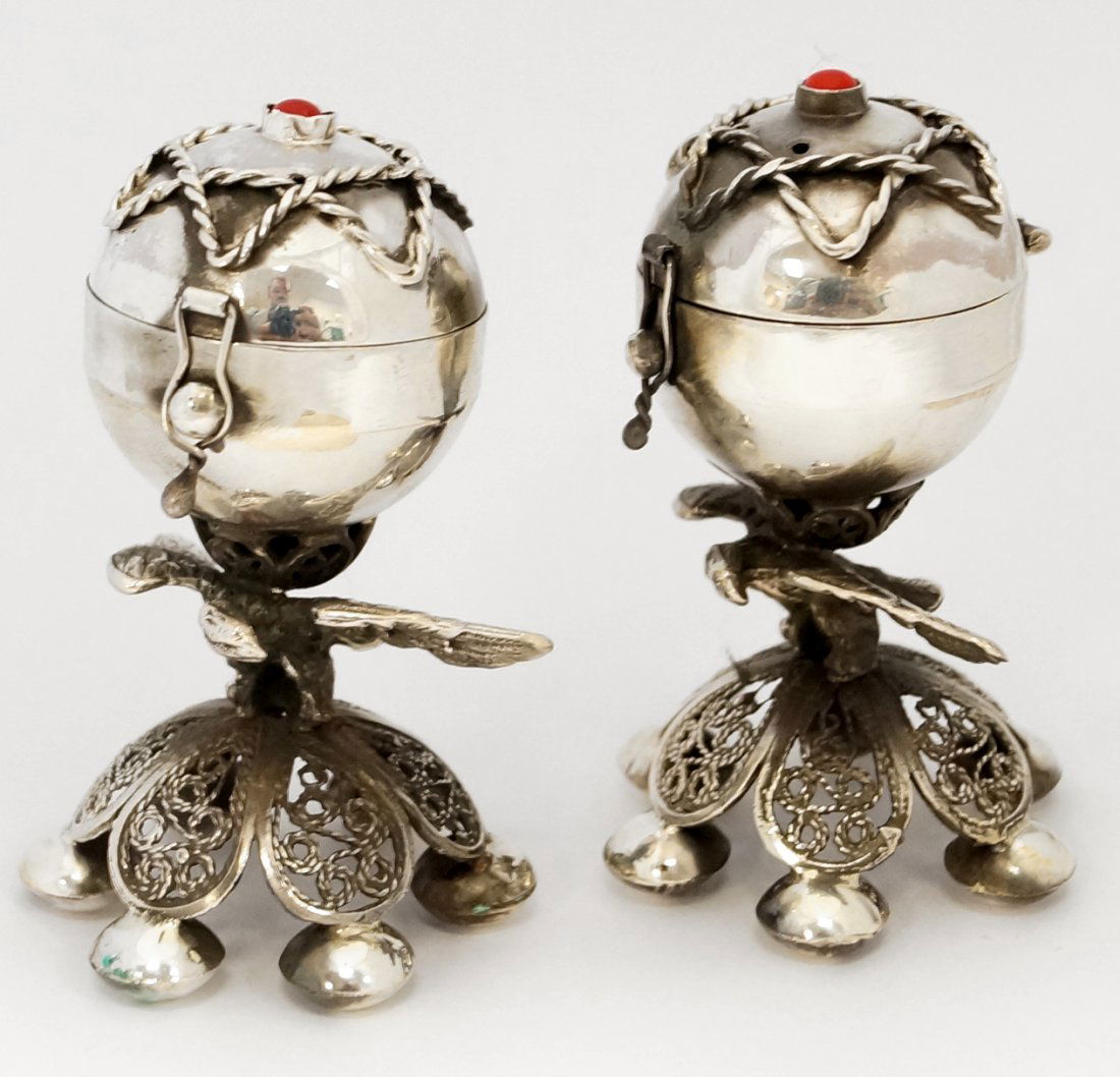PAIR POLISH JUDAIC SILVER INCENSE BURNER, SIGNED (1 of 3)