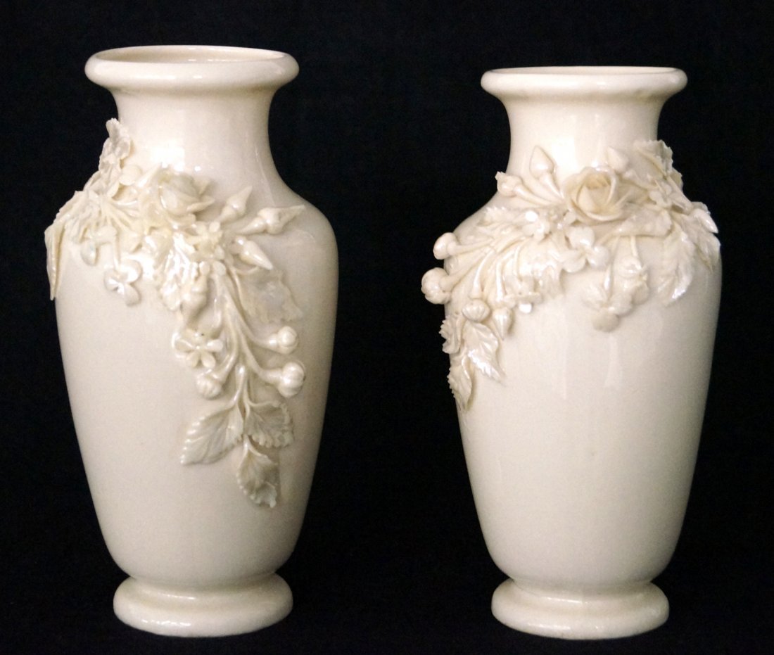PAIR BELLEEK IRISH PORCELAIN VASES WITH FLORAL CASCADE (1 of 2)