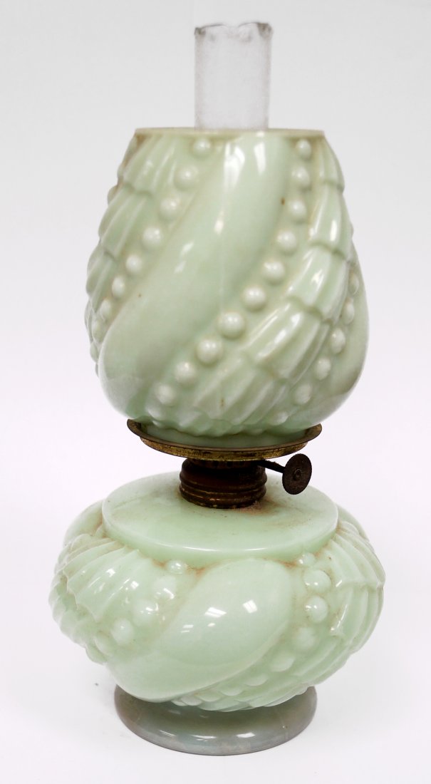 VICTORIAN MINIATURE GREEN OPALINE GLASS OIL LAMP WITH (1 of 1)
