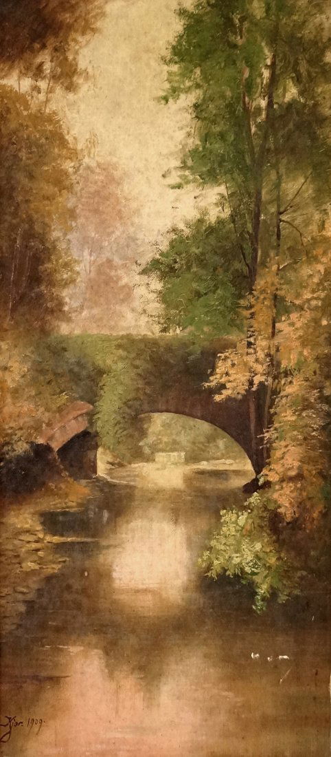 AMERICAN SCHOOL (20TH CENTURY), OIL ON CANVAS, OLD: AMERICAN SCHOOL (20TH CENTURY), OIL ON CANVAS, OLD STONE BRIDGE, SIGNED, 1909. 18 X 10"; FRAMED 24 X 16"