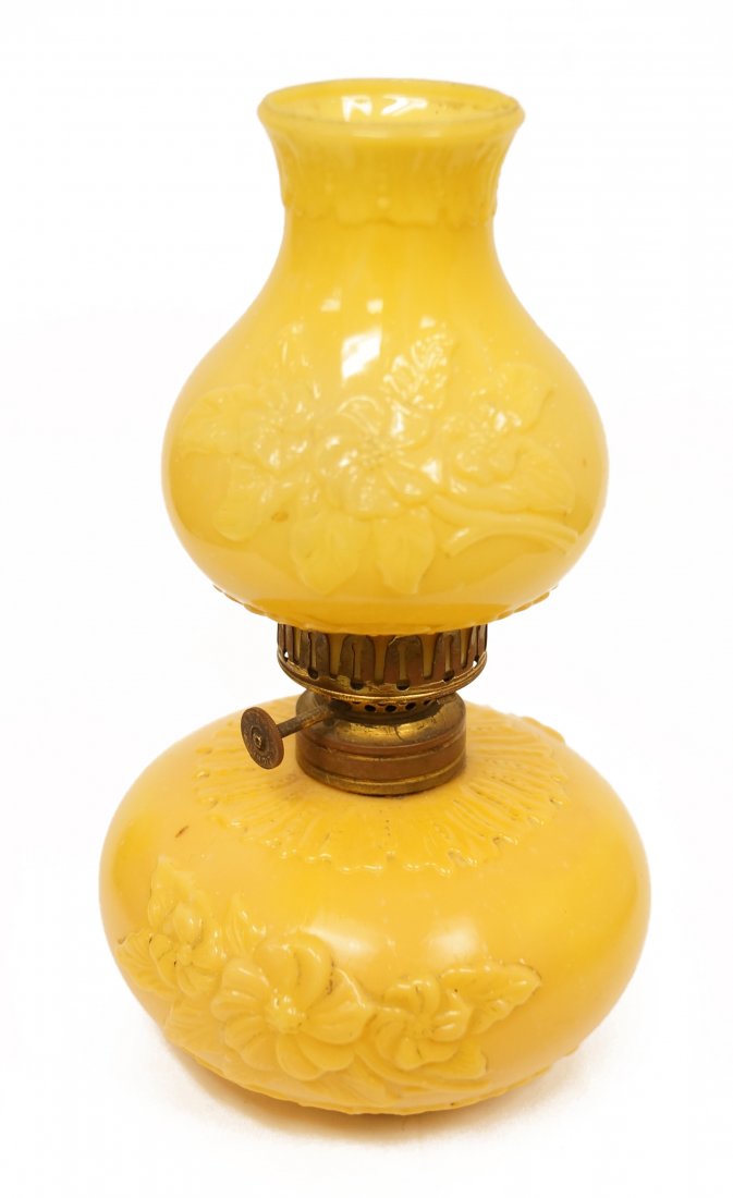 VICTORIAN MINIATURE YELLOW OPALINE GLASS OIL LAMP WITH (1 of 1)
