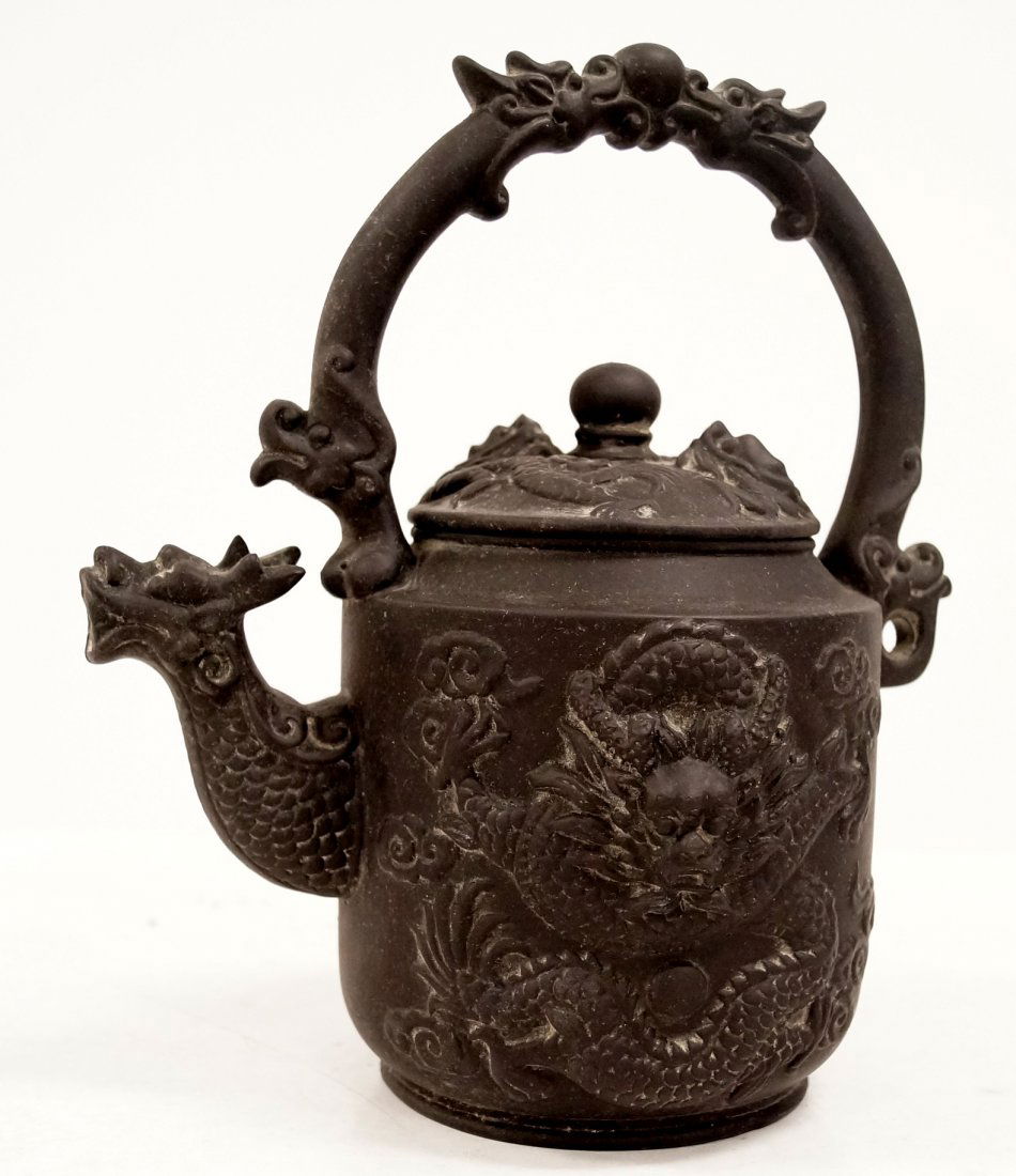 CHINESE YIXING DRAGON DECORATED TEA POT. HEIGHT 8 3/4" (1 of 3)