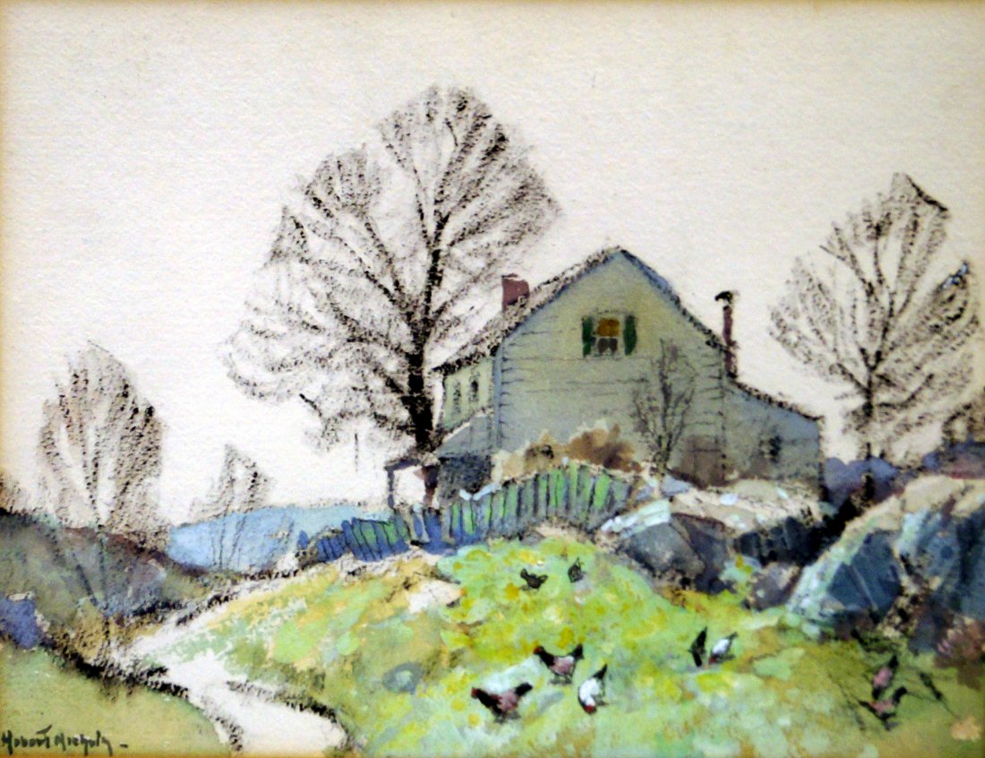 HENRY HOBART NICHOLS (AMERICAN 1869-1962), WATERCOLOR: HENRY HOBART NICHOLS (AMERICAN 1869-1962), WATERCOLOR GOUACHE AND PASTEL ON PAPER, "FARMHOUSE WITH CHICKENS", SIGNED. SIGHT 10 X 14"; FRAMED AND GLAZED-14 X 18" PROVENANCE: RECEIVED DIRECTLY FROM THE 