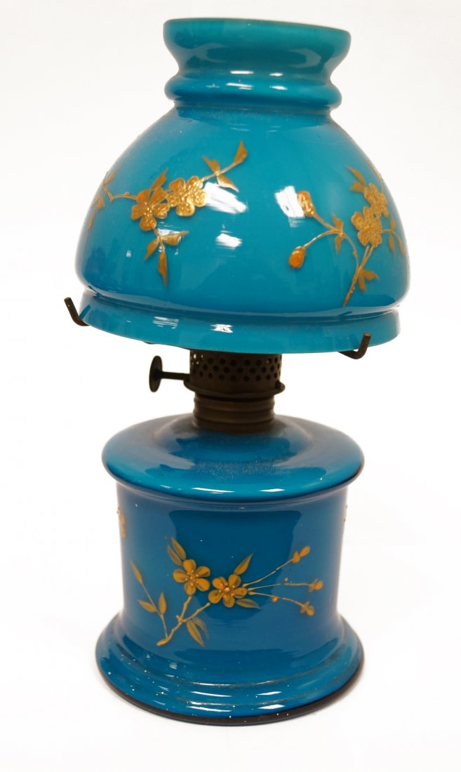 VICTORIAN MINIATURE BLUE OVERLAY ON WHITE GLASS OIL (1 of 1)