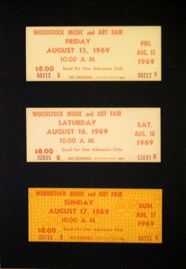 LOT (3) ORIGINAL WOODSTOCK MUSIC & ART FAIR TICKETS, (1 of 1)