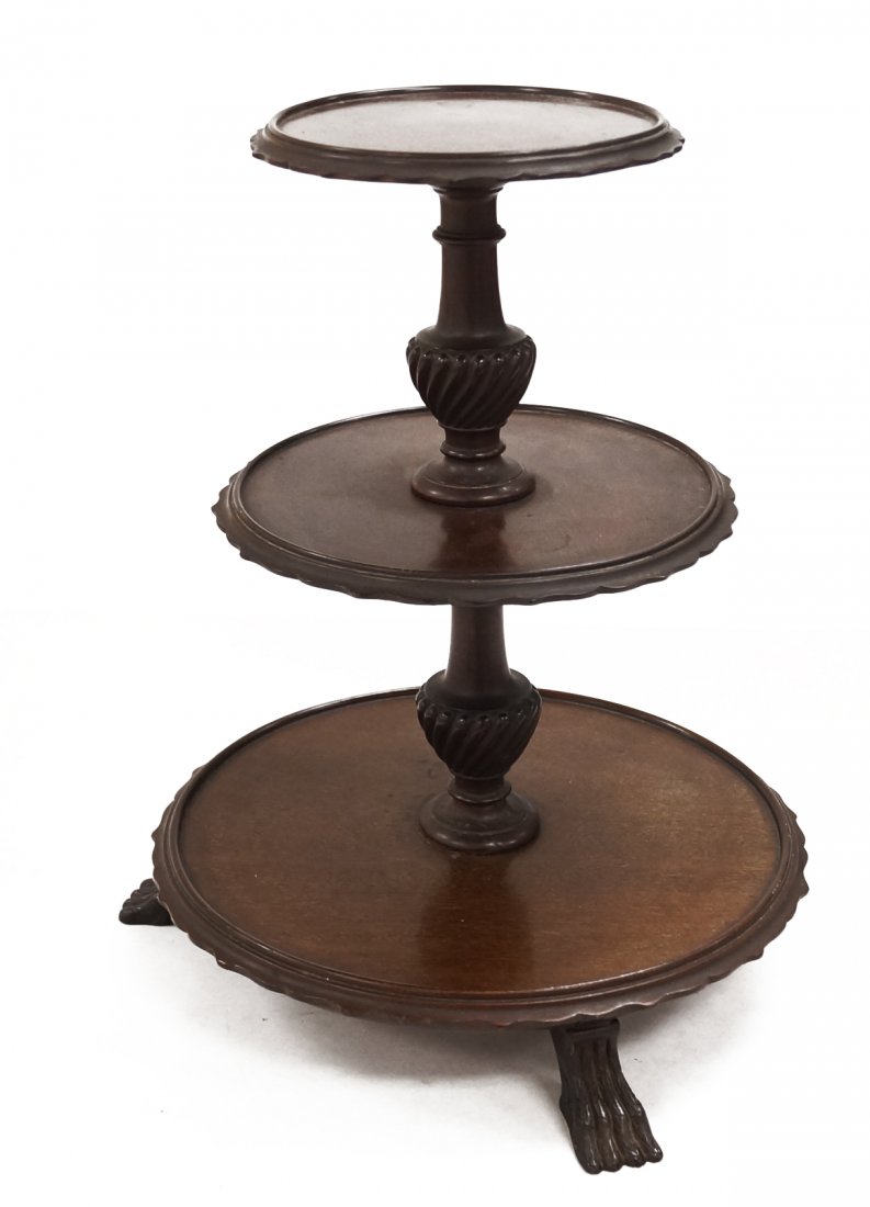 CIRCLE OF DUNCAN PHYFE, CARVED MAHOGANY MINIATURE/TABLE: CIRCLE OF DUNCAN PHYFE, CARVED MAHOGANY MINIATURE/TABLE TOP DUMB WAITER WITH PAW FEET, 19TH CENTURY. HEIGHT 15 1/2"