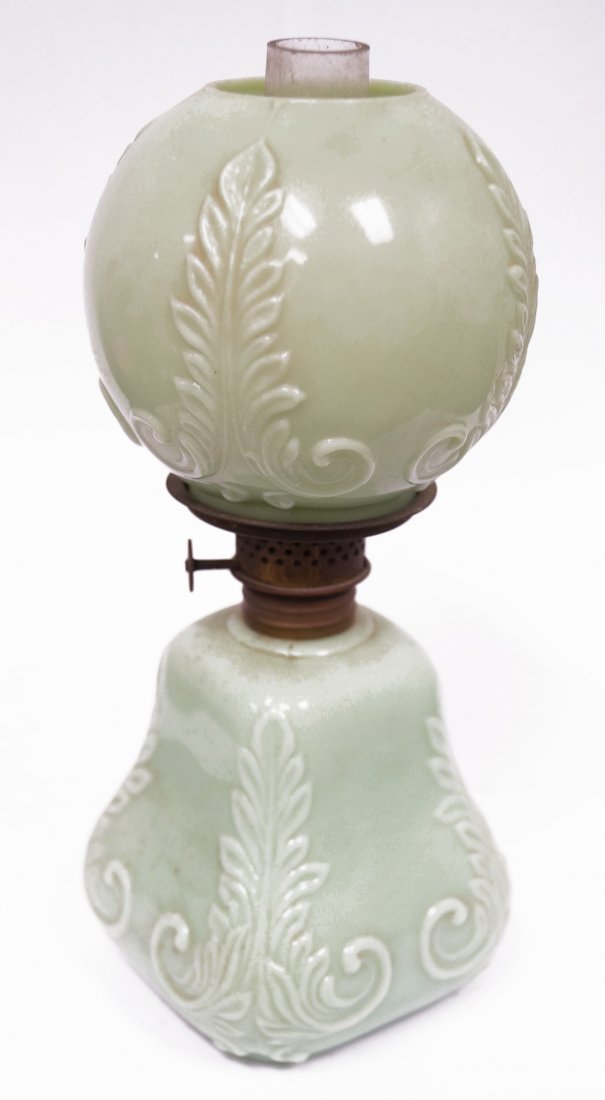 VICTORIAN MINIATURE GREEN OPALINE EMBOSSED GLASS OIL (1 of 1)