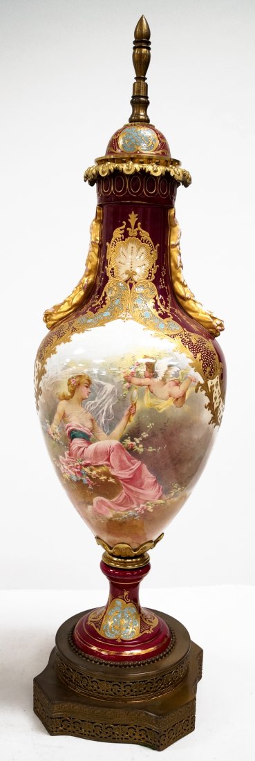 SEVRES STYLE HAND DECORATED AND GILT PORCELAIN VASE, (1 of 2)