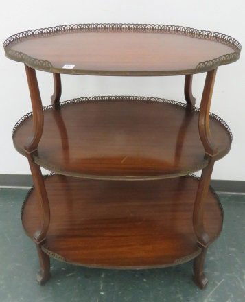 REGENCY STYLE MAHOGANY 3-TIER STAND WITH BRASS GALLERY. (1 of 2)
