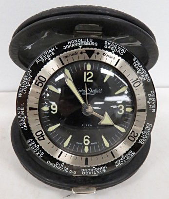 SUIZA SHEFFIELD TRAVEL ALARM CLOCK WITH ORIGINAL BOX,: SUIZA SHEFFIELD TRAVEL ALARM CLOCK WITH ORIGINAL BOX, CASED, INCISED COLLINS AND AIKMAN